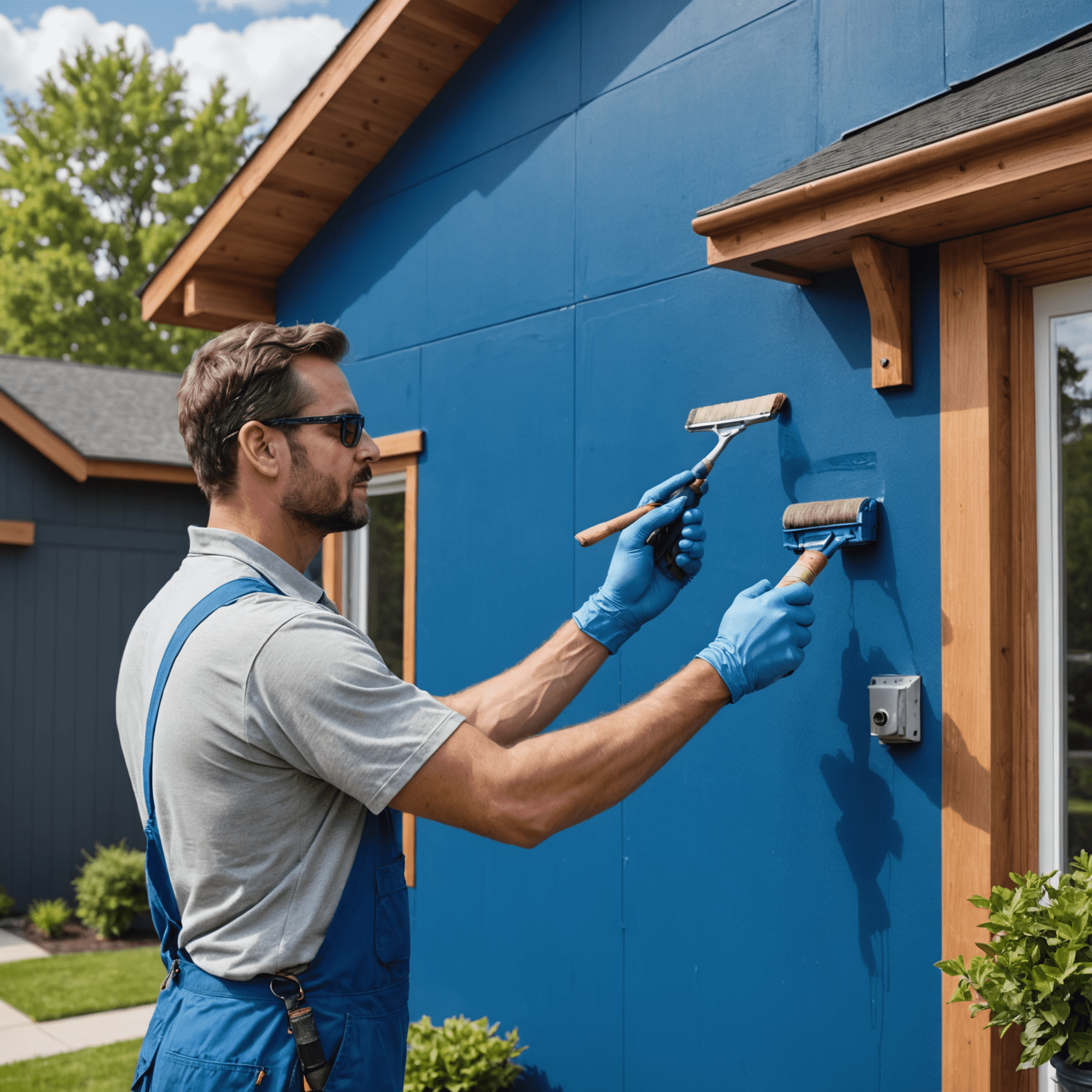 Professional painter applying a fresh coat of vibrant blue paint to the exterior of a modern home, showcasing attention to detail and precision