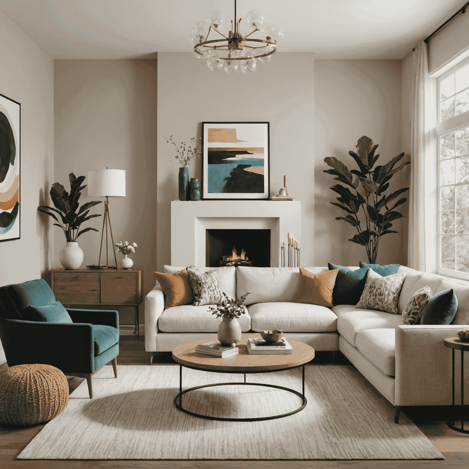 A modern living room showcasing the latest color trends of 2024, including calming neutrals and bold statement hues