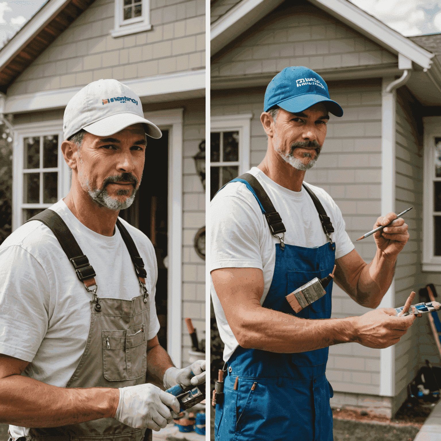 Split image showing a professional painter on one side and a DIY painter on the other, both working on house exteriors