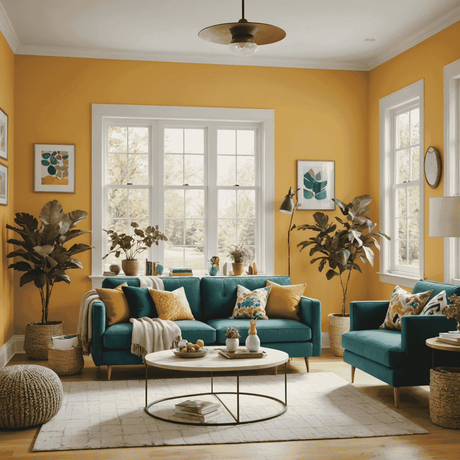 A freshly painted living room using eco-friendly paint, showcasing vibrant colors and a clean finish