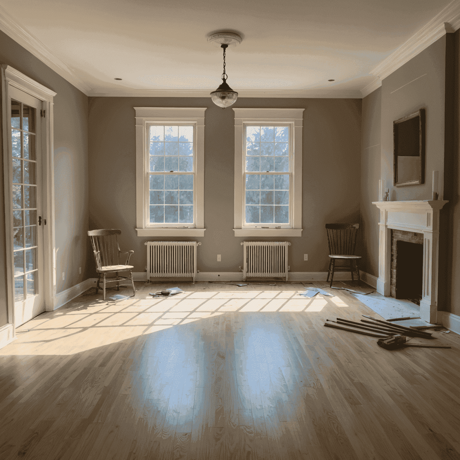 A well-prepared room ready for painting, with furniture moved to the center, walls cleaned, and trim taped