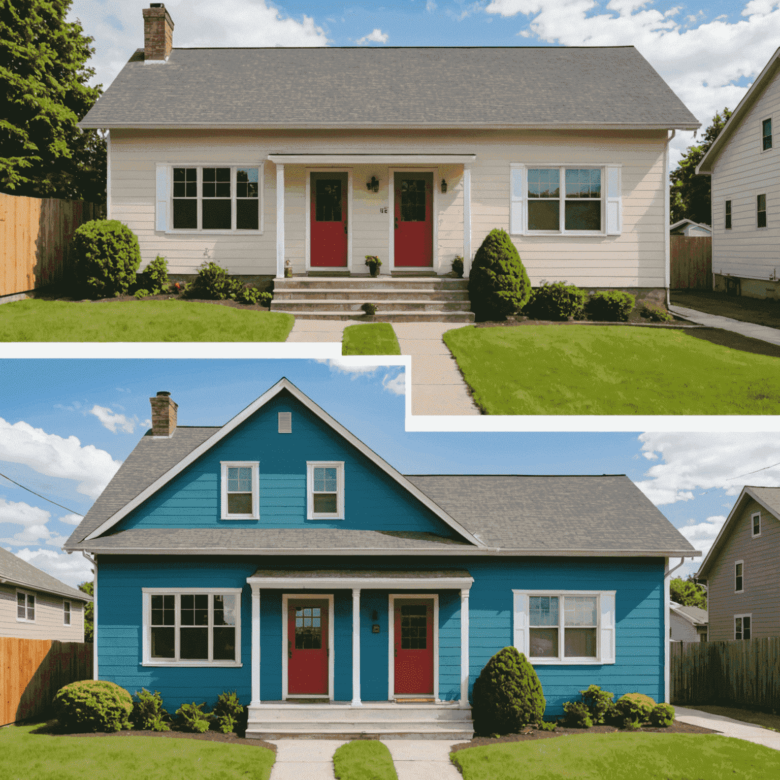 Before and after comparison of a house exterior, showing a dramatic transformation from a faded, worn appearance to a vibrant, freshly painted facade with modern color scheme