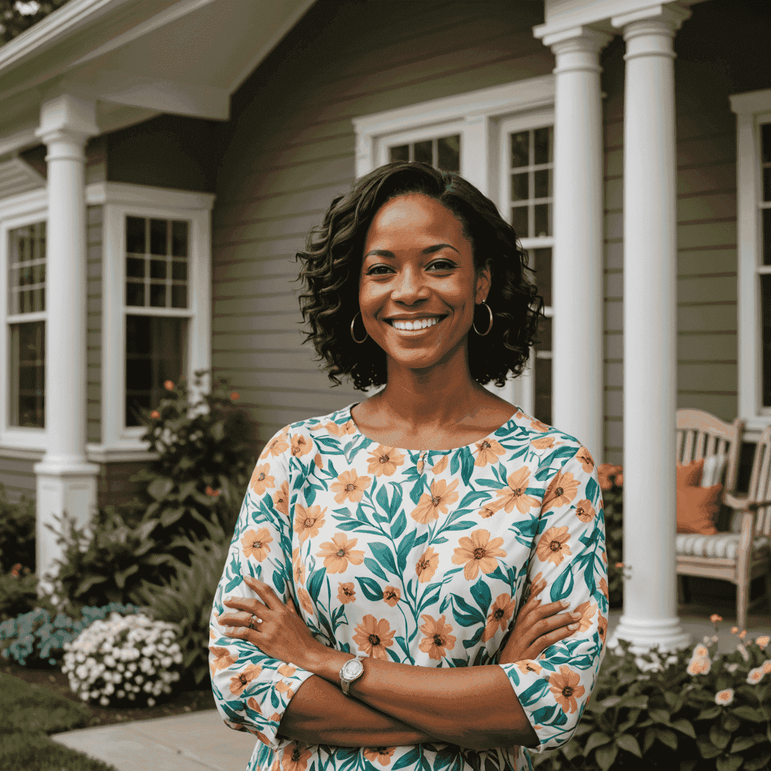 Portrait of Sarah Johnson, founder of Fresh Coat Creations, smiling confidently in front of a beautifully painted home