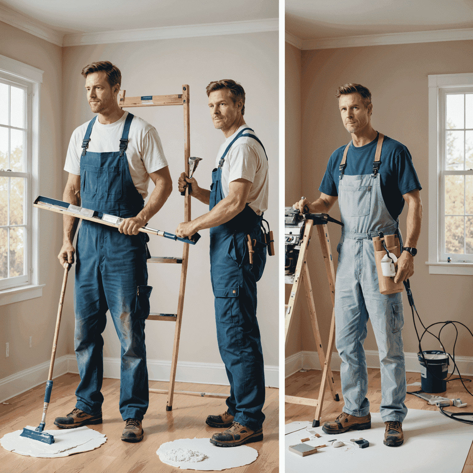 Split image showing a DIY painter on one side and a professional house painter on the other, highlighting the differences in equipment and technique