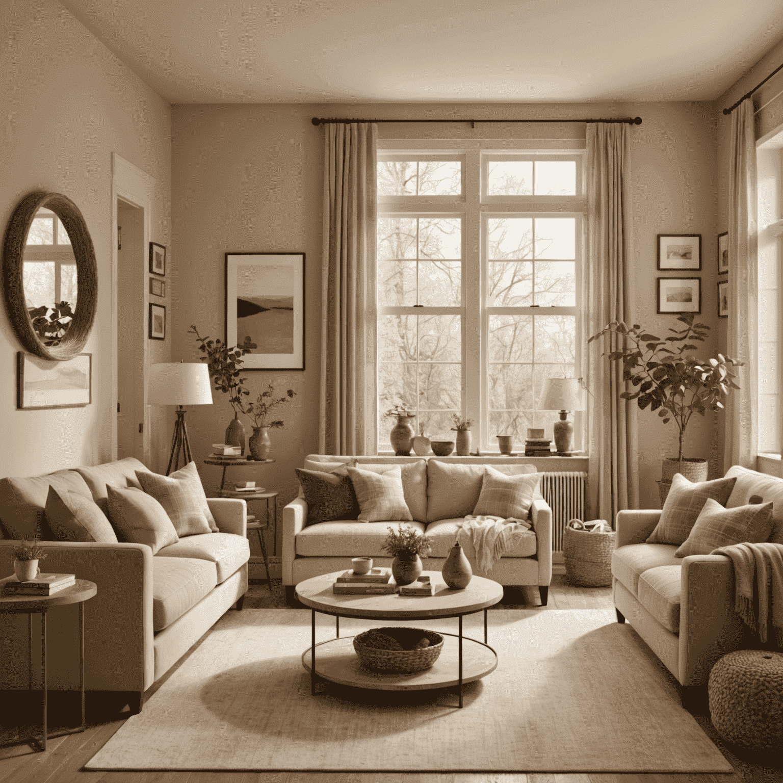 A cozy living room painted in warm beige tones, showcasing the earthy neutrals trend