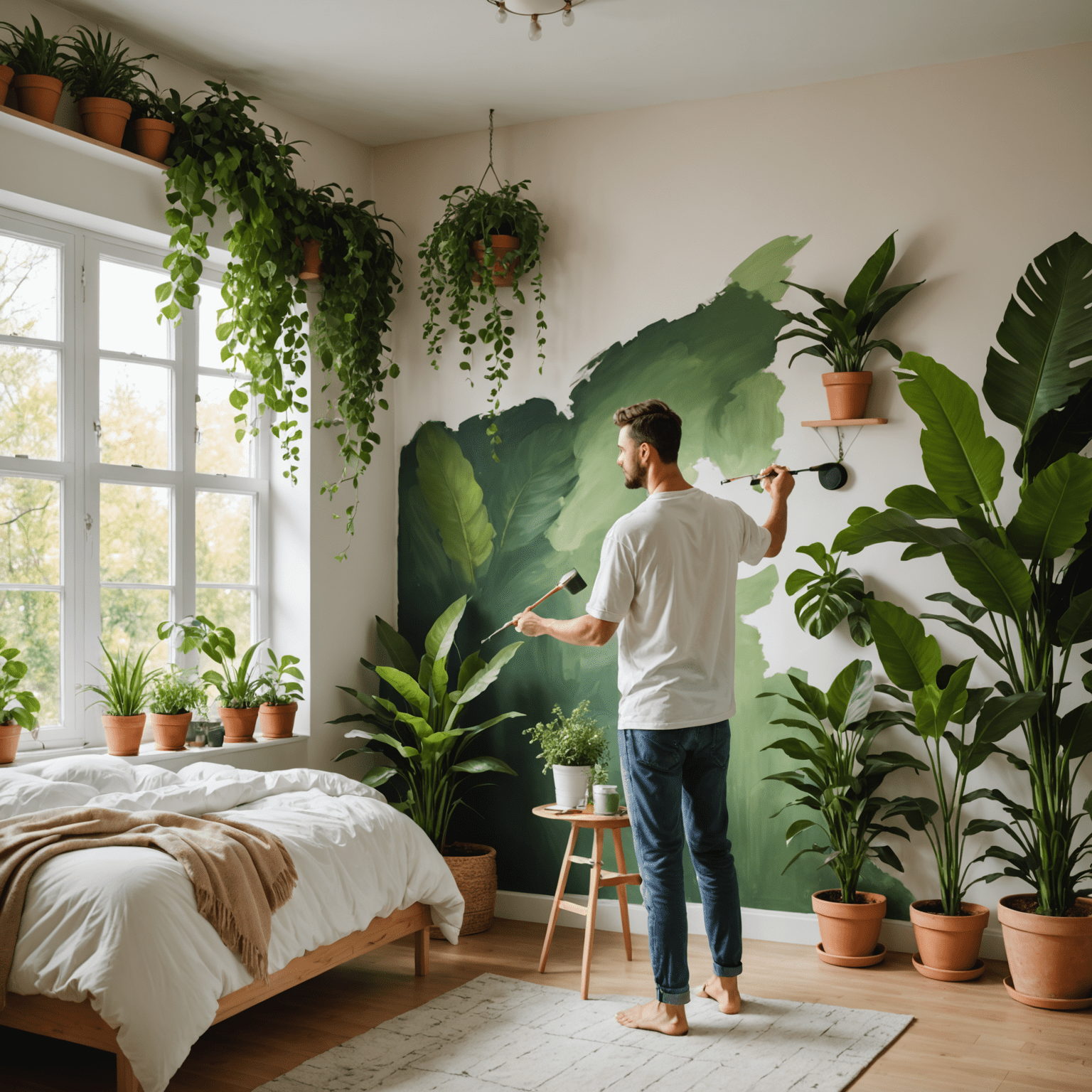 A painter applying natural, plant-based paint to a bedroom wall, surrounded by potted plants to emphasize the eco-friendly nature