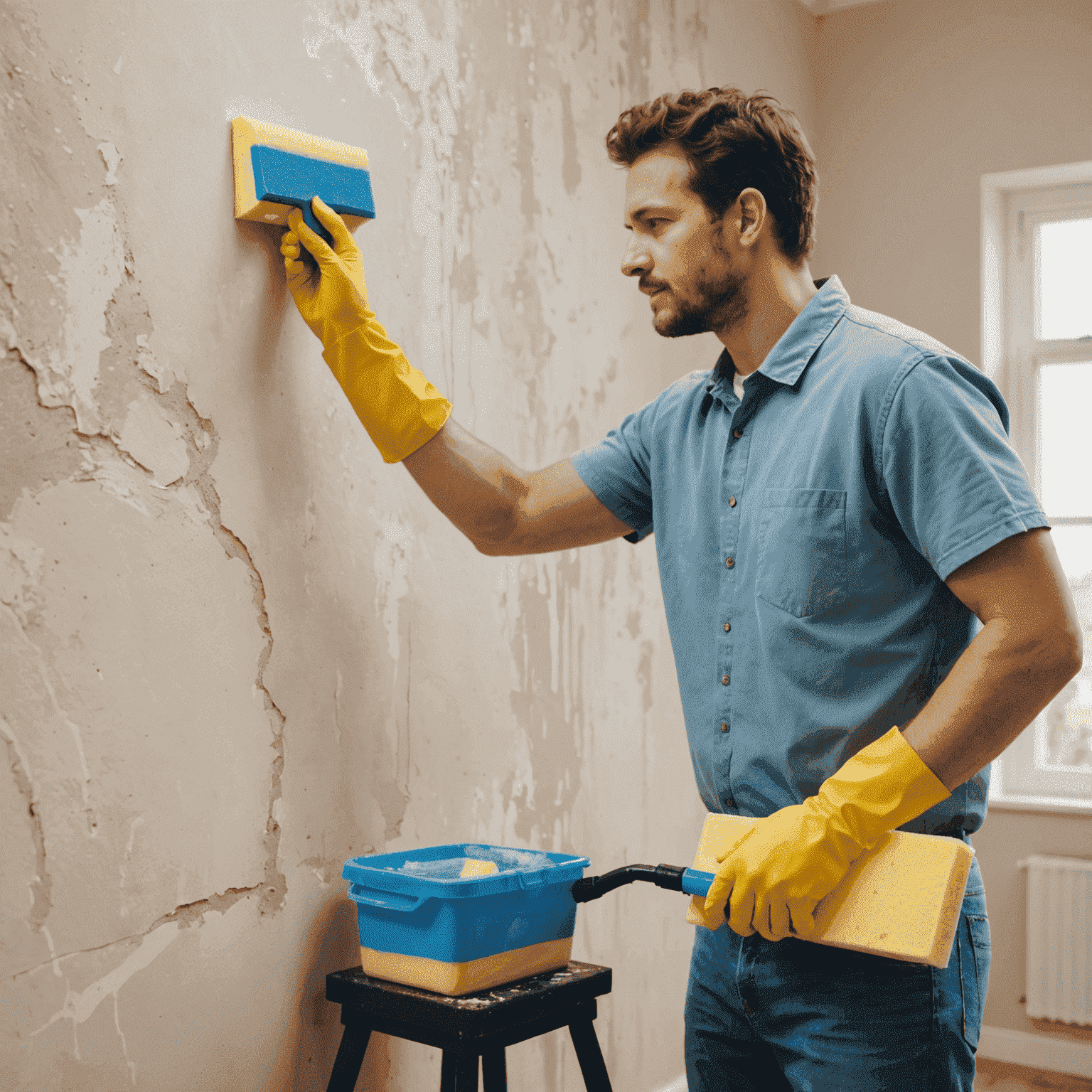 Person cleaning walls with a sponge and cleaning solution, preparing for painting