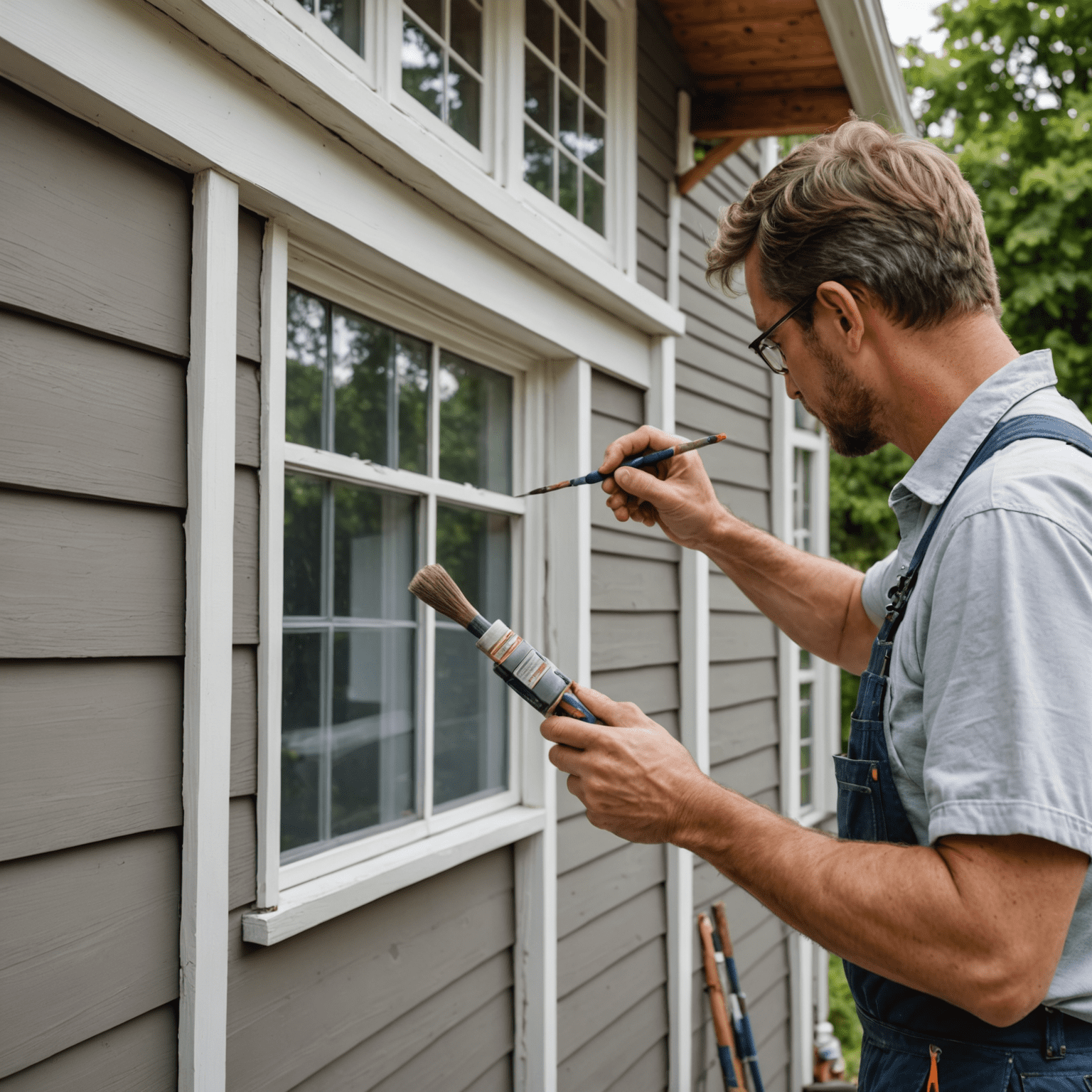 Professional painter carefully applying paint to the exterior of a house, showcasing attention to detail and quality workmanship