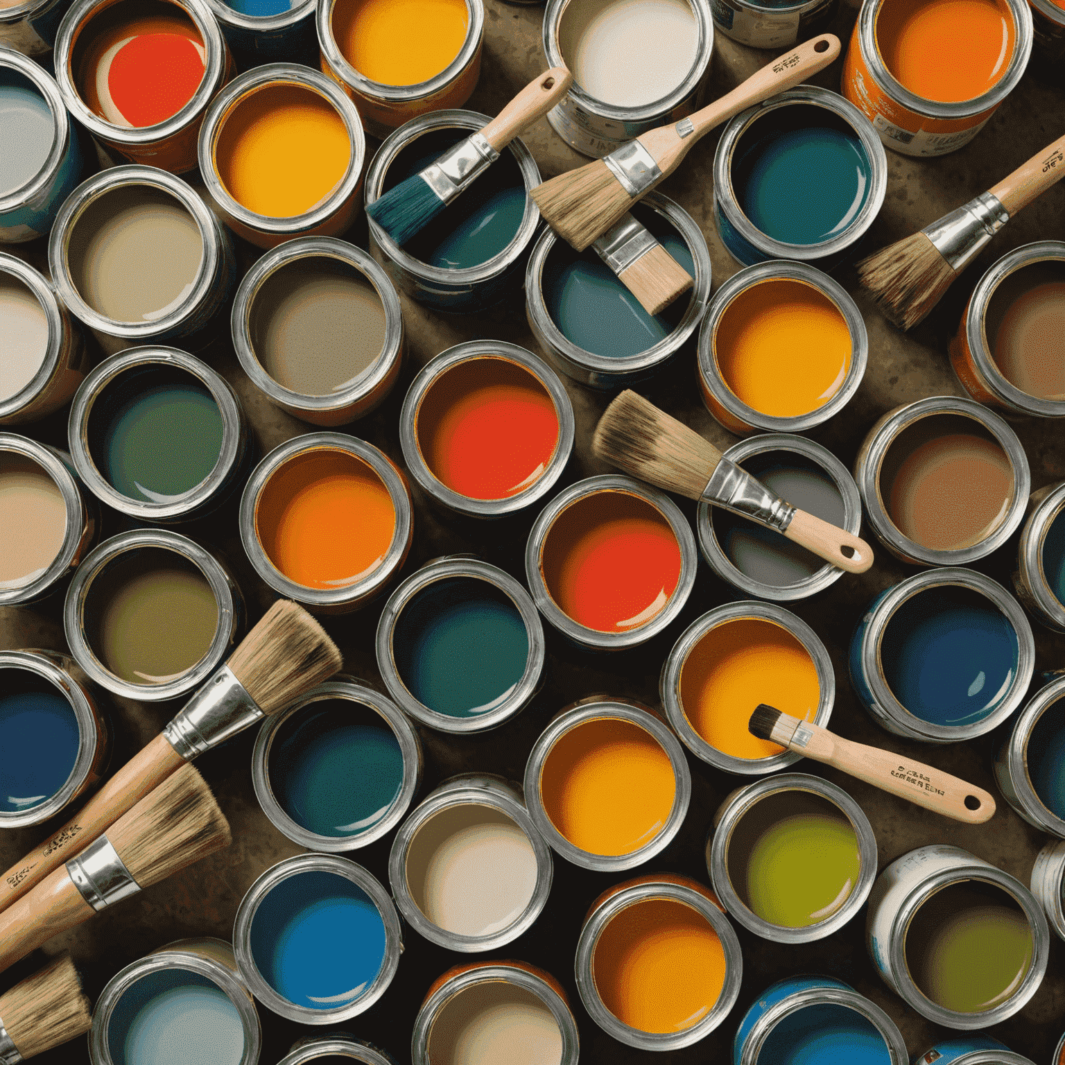 Various eco-friendly paint cans and brushes made from sustainable materials, showcasing low-VOC paints and natural finishes