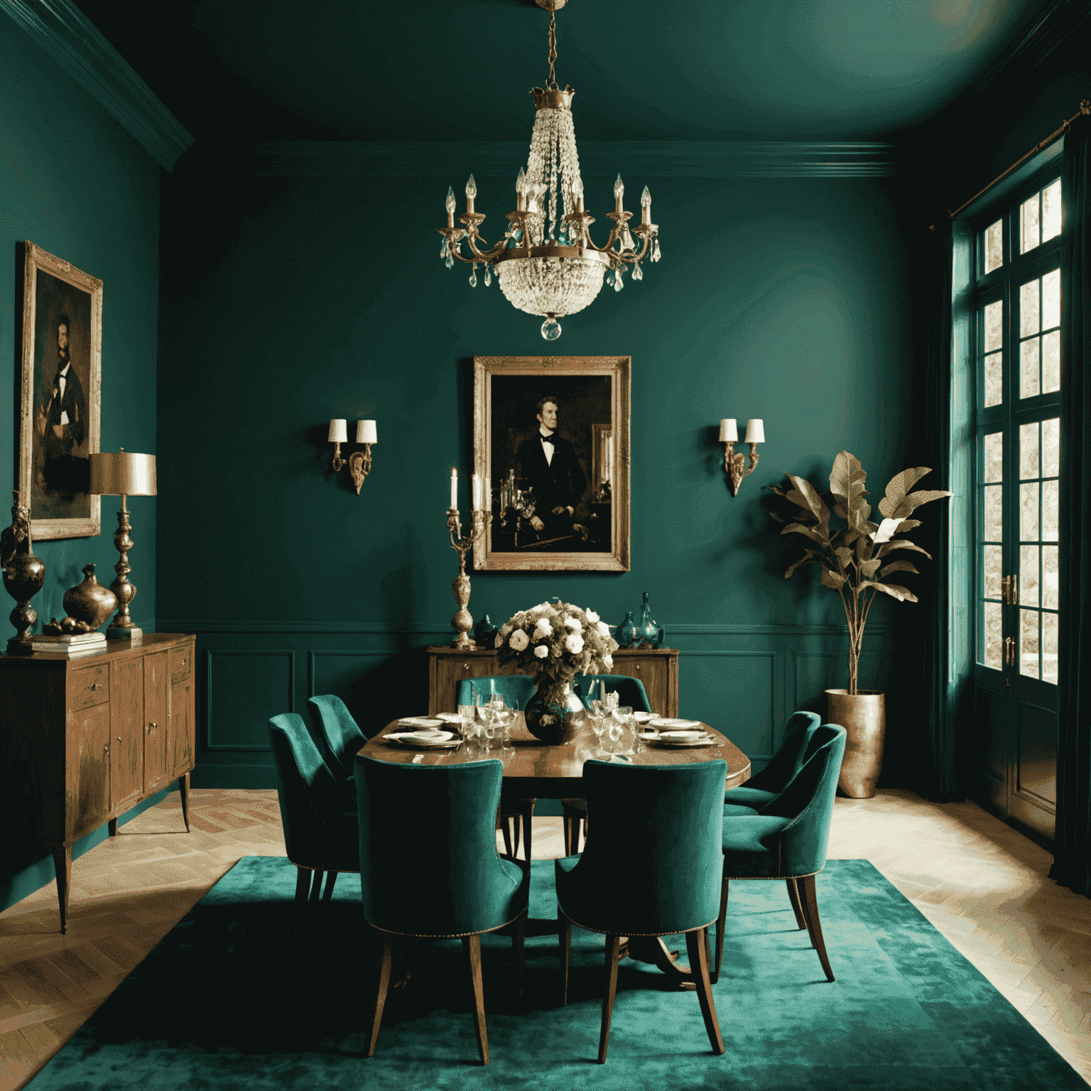 A dramatic dining room with walls painted in deep emerald green, exemplifying the bold jewel tones trend