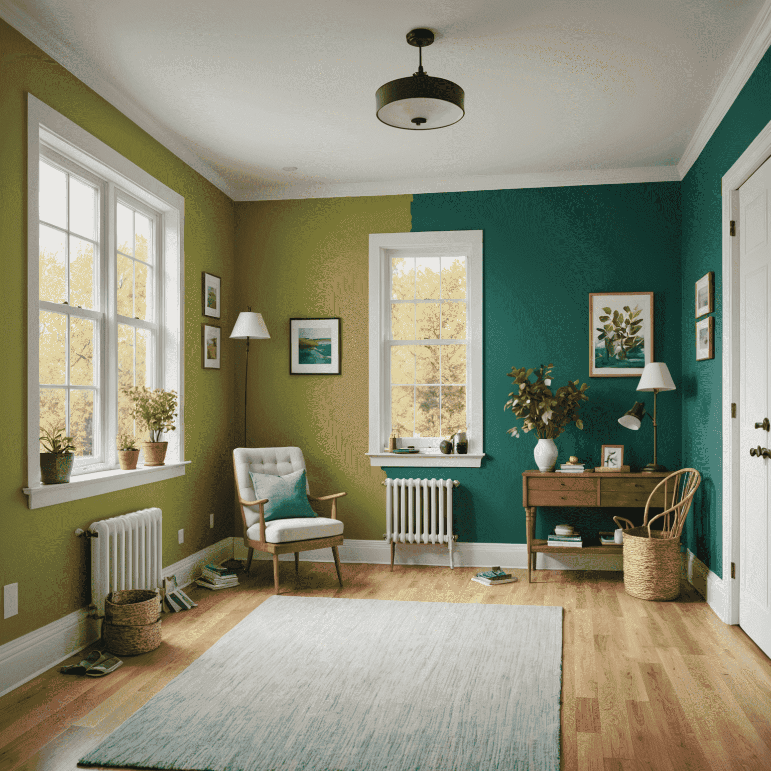 A side-by-side comparison of a room before and after eco-friendly painting, showing a dramatic transformation with vibrant, sustainable colors