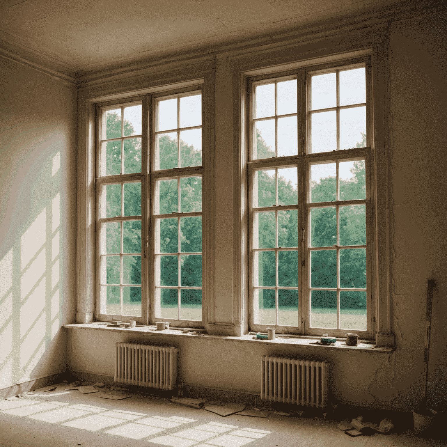 Open windows in a room being prepared for painting, showing good ventilation