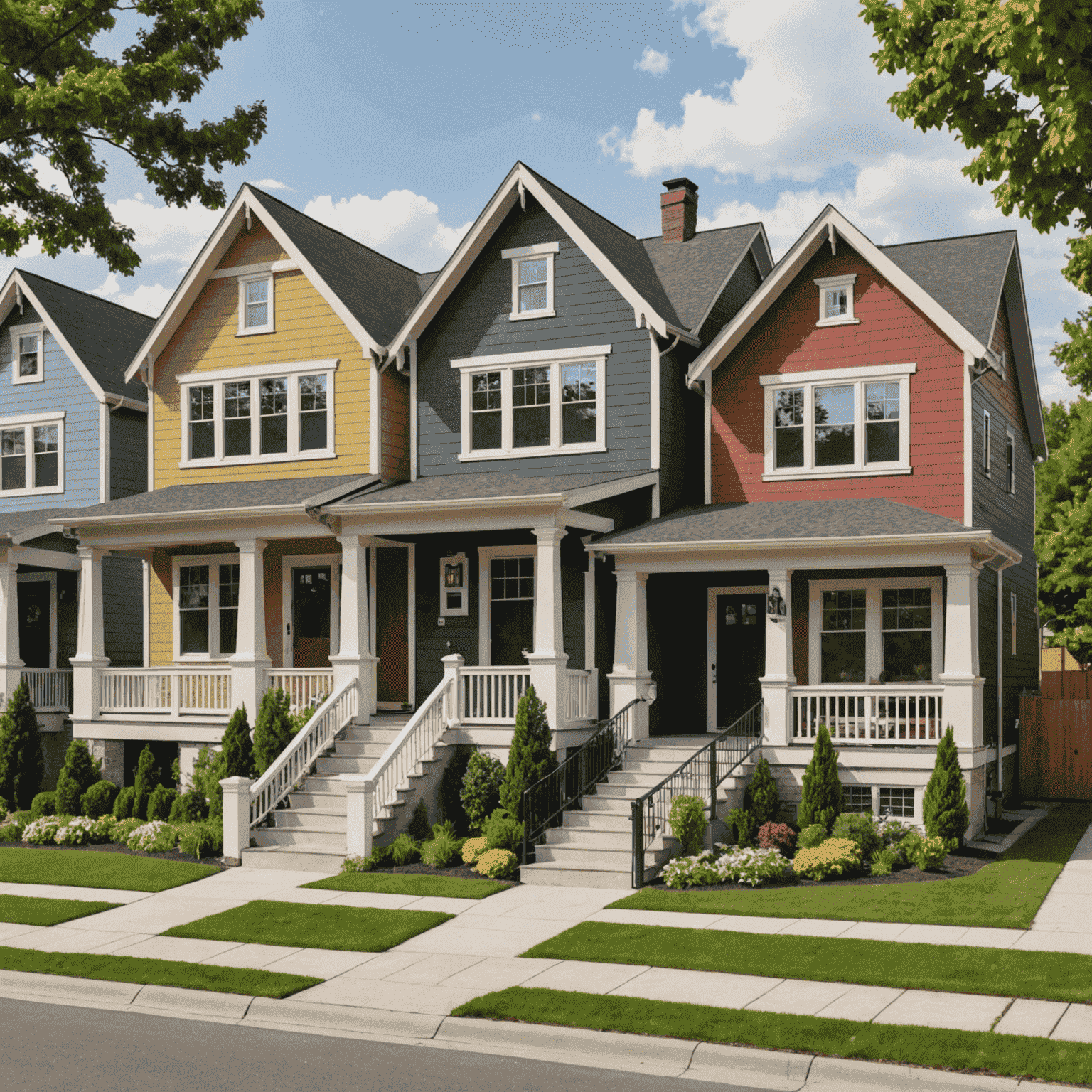 A street view of multiple houses with beautifully painted exteriors, showcasing a variety of color schemes and styles that enhance the neighborhood's overall appeal