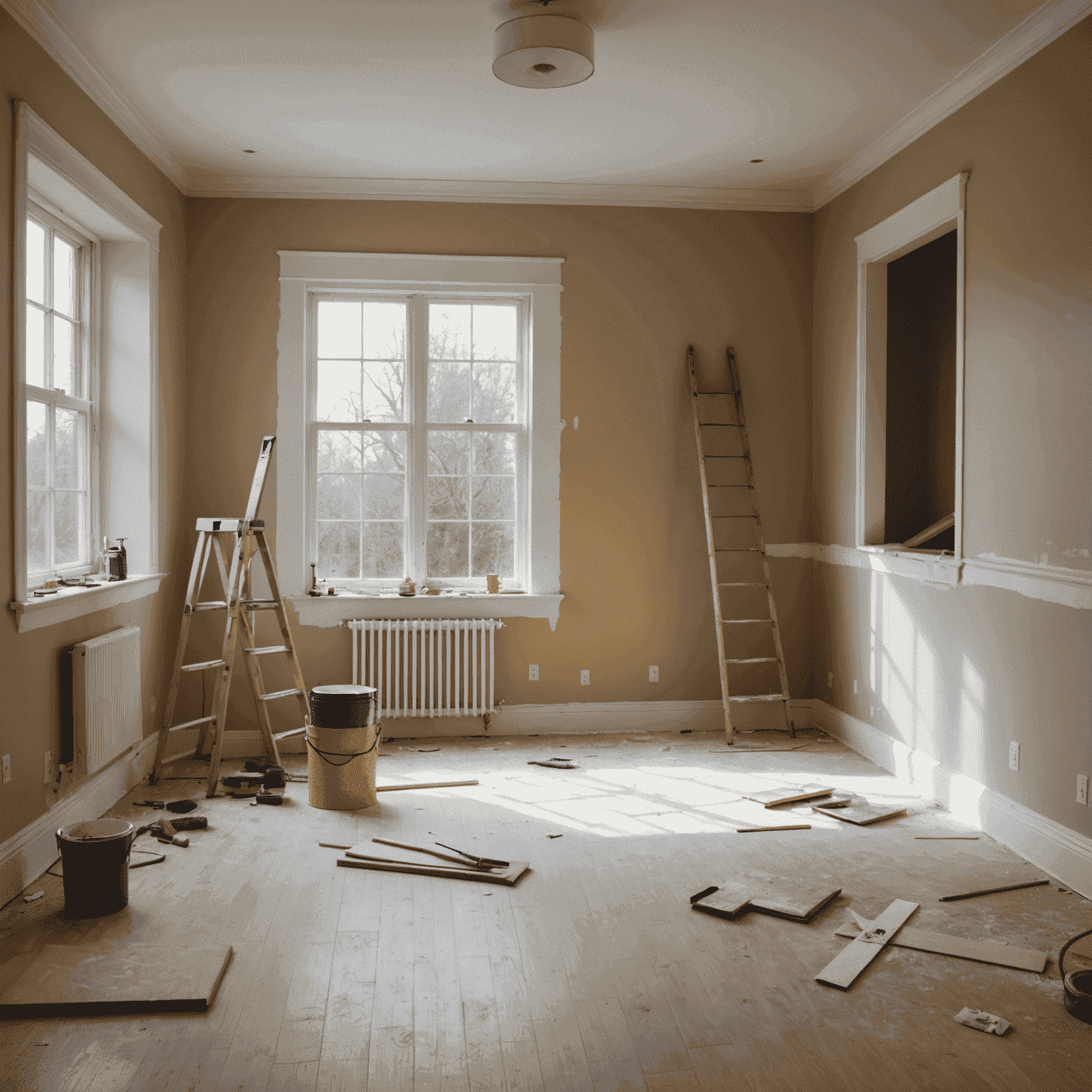 A room being prepared for professional painting, with furniture covered, walls sanded, and painter's tape applied