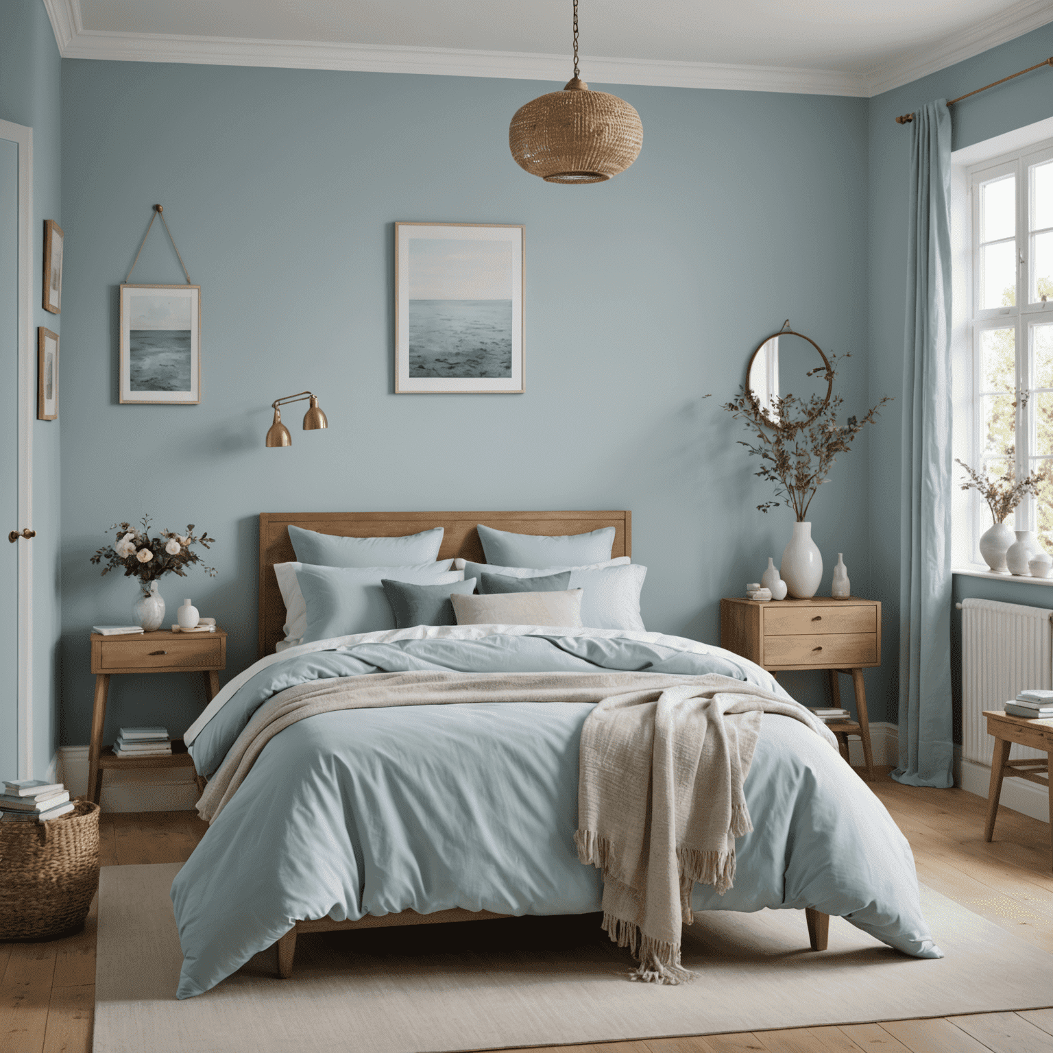 A serene bedroom painted in soft pastel blue, creating a tranquil atmosphere