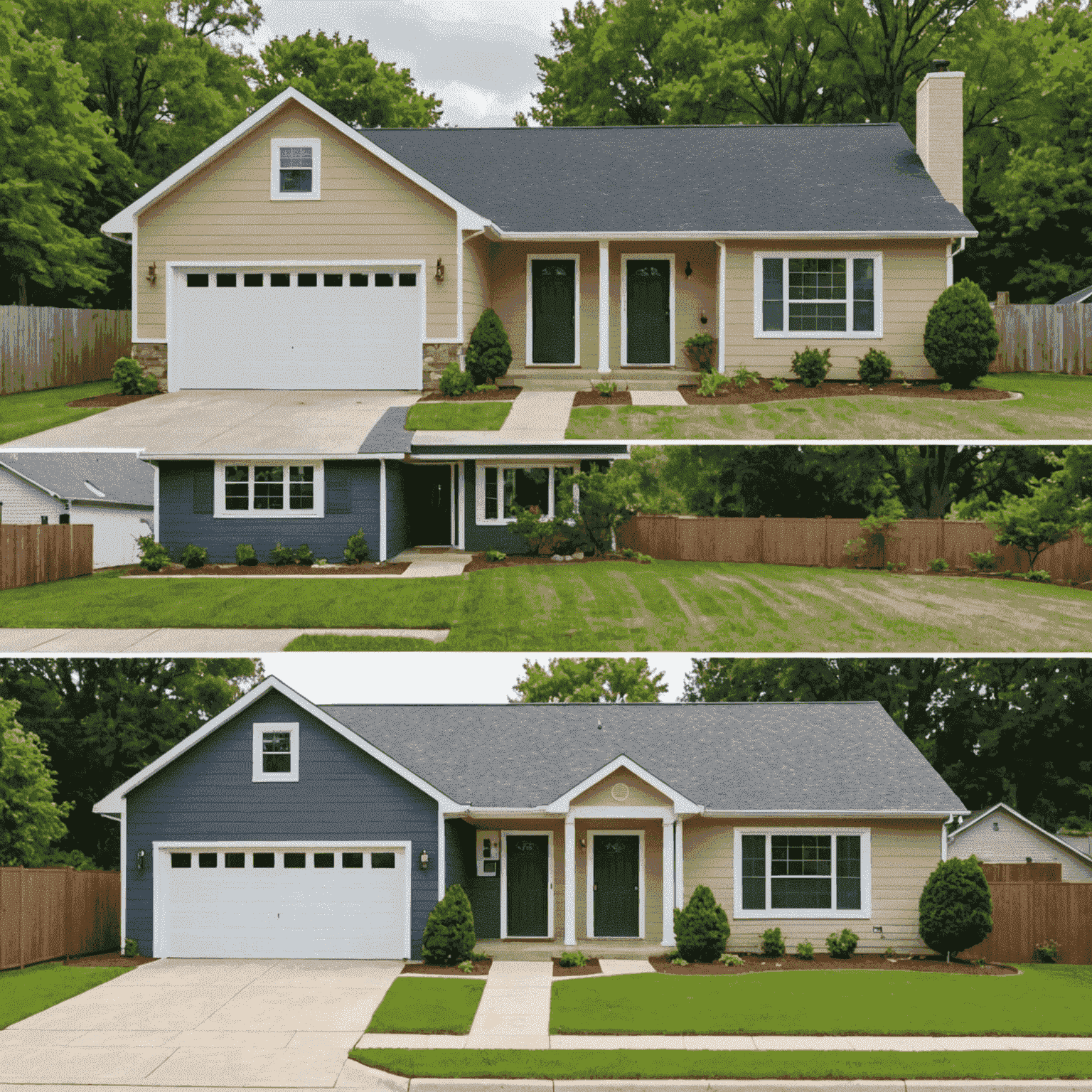 Before and after images of a house exterior, showcasing a dramatic transformation with fresh paint and improved curb appeal