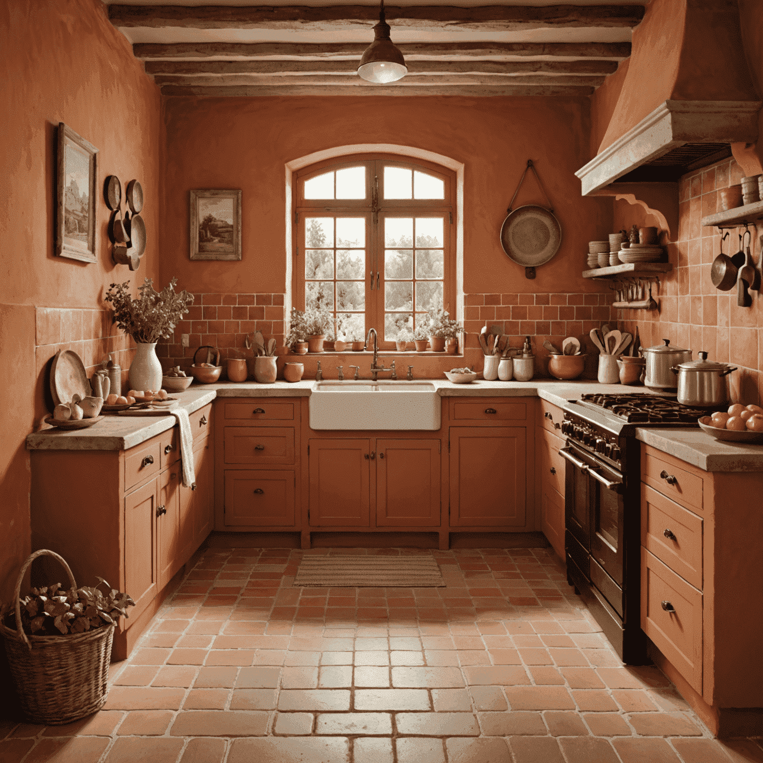 A welcoming kitchen with walls painted in warm terracotta, evoking a Mediterranean feel