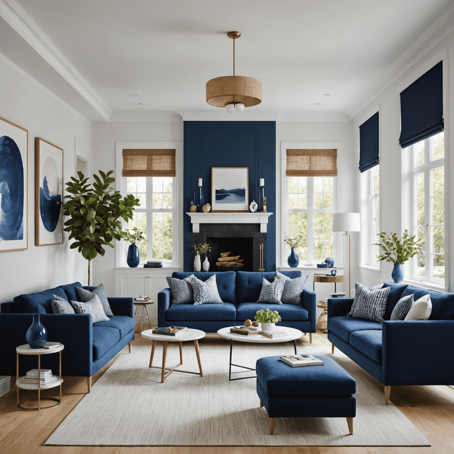 A modern living space with crisp white walls and bold blue accents on trim and furniture